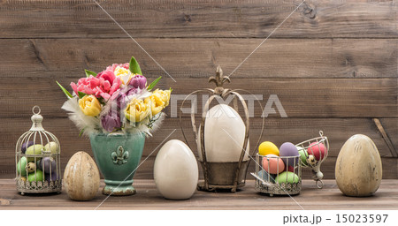 Vintage decoration tulip flowers and easter eggs Vintage decoration tulip flowers and easter eggs 15023597