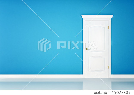 Closed white door on blue wall Closed white door on blue wall 15027387