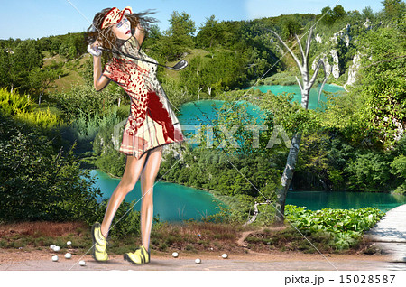 Beautiful woman in front of landscape. Mixed media 15028587