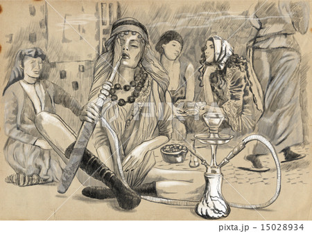 Smoking Hookah. Hand drawn full sized illustration 15028934