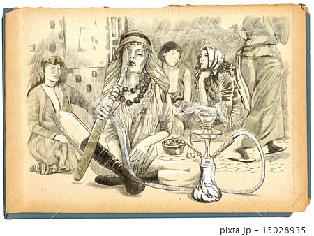 Smoking Hookah. Hand drawn full sized illustration Smoking Hookah. Hand drawn full sized illustration 15028935
