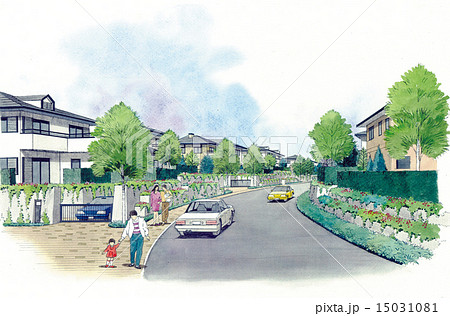 家族で散歩する町なみのスケッチ 15031081