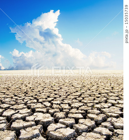 land with dry cracked ground under blue sky 15035739