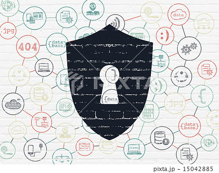 Privacy concept: Shield With Keyhole on wall background Privacy concept: Shield With Keyhole on wall background 15042885