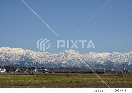 雪の北アルプスを背景に走る地鉄電車 15048332