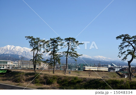 雪の北アルプスを背景に走る地鉄電車 15048334