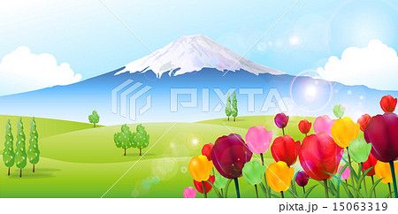 富士山 チューリップ 背景のイラスト素材