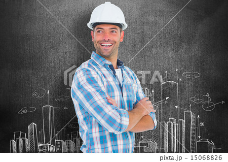 Composite image of smiling male worker standing arms crossed Composite image of smiling male worker standing arms crossed 15068826