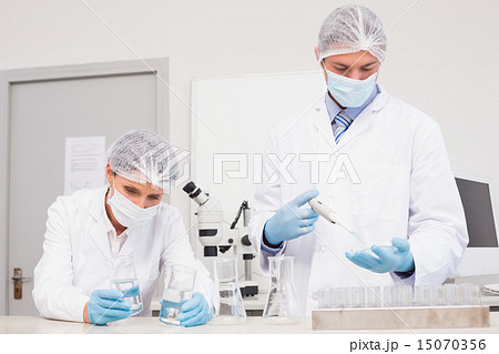 Scientists working with petri dish and test tube Scientists working with petri dish and test tube 15070356