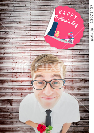 Composite image of geeky hipster holding a red rose 15071457