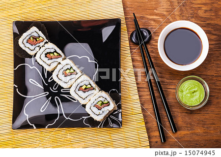 roll with salmon, sauce and wasabi roll with salmon, sauce and wasabi 15074945
