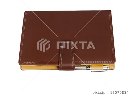 Leather notebook and pencil on white background. 15079854