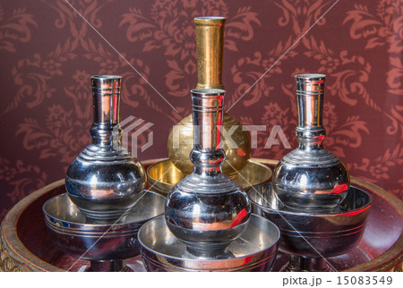Buddhist temple ceremonial brass and silver urn Buddhist temple ceremonial brass and silver urn 15083549