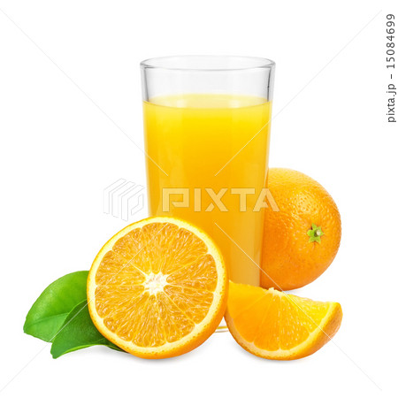 Orange juice and oranges with leaves 15084699
