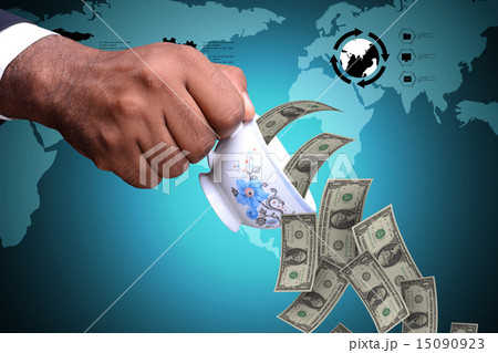 man hand with tea cup and currency notes 15090923