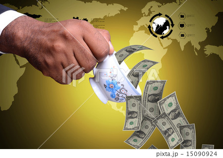 man hand with tea cup and currency notes man hand with tea cup and currency notes 15090924
