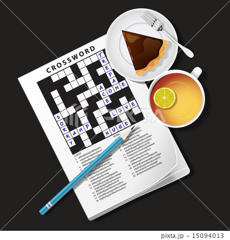illustration of crossword game, mug of tea and pie 15094013