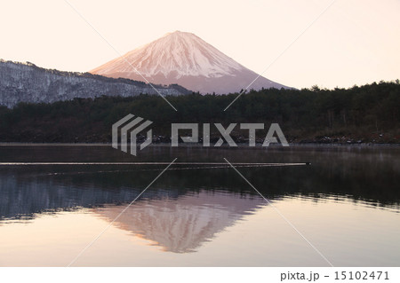 朝日そそぐ朝焼けの「世界文化遺産」富士山と西湖の湖面に映る神秘的な逆さ富士/山梨県 15102471