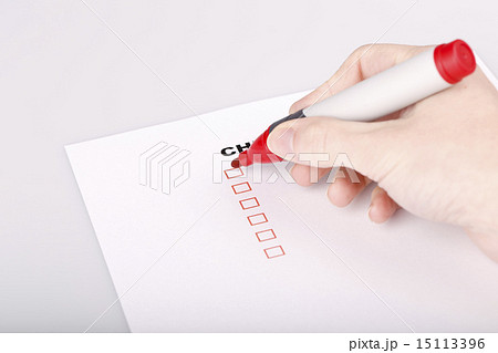 Checklist on white with marker and woman hand Checklist on white with marker and woman hand 15113396