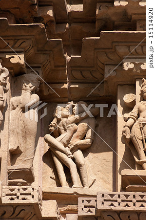 Stone carved erotic sculptures on temple Khajuraho Stone carved erotic sculptures on temple Khajuraho 15114920