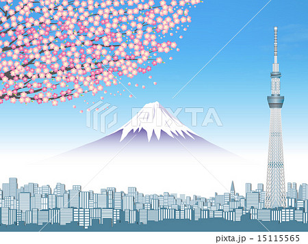 東京スカイツリーと富士山と桜のイラスト素材