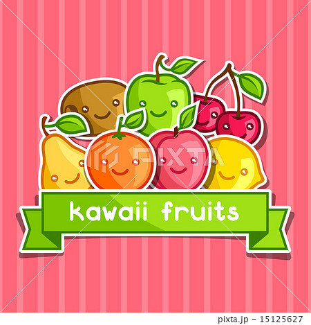 Background with cute kawaii smiling fruits stickers Background with cute kawaii smiling fruits stickers 15125627