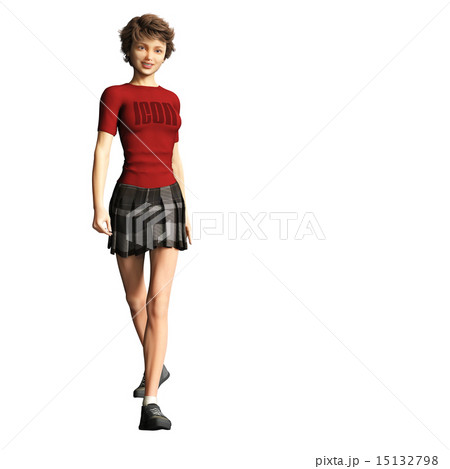 歩く赤いTシャツの女性 perming 3DCG イラスト素材 歩く赤いTシャツの女性 perming 3DCG イラスト素材 15132798