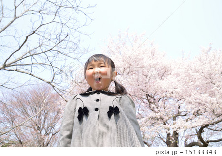 桜バックの女の子 入園式イメージ の写真素材