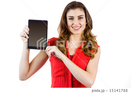 Pretty brunette showing tablet pc 15141788