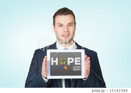 Composite image of businessman showing tablet pc screen 15142393