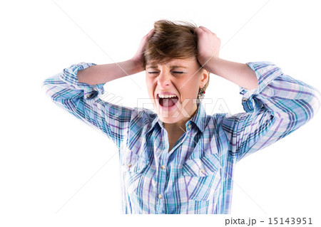 Pretty brunette shouting with hands on head 15143951
