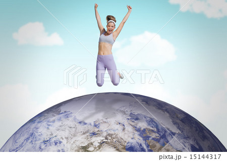 Composite image of sporty happy blonde jumping Composite image of sporty happy blonde jumping 15144317