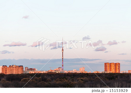 TV tower and urban houses in spring sunset 15153929