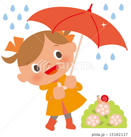 雨の日 傘をさす女の子とかたつむりのイラスト素材