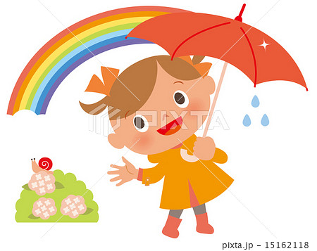 雨上がりの虹を見る傘をさした女の子のイラスト素材