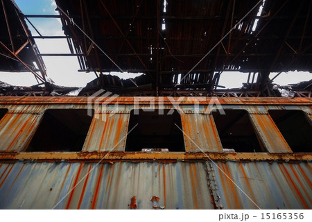 Messy vehicle interior of a train carriage 15165356