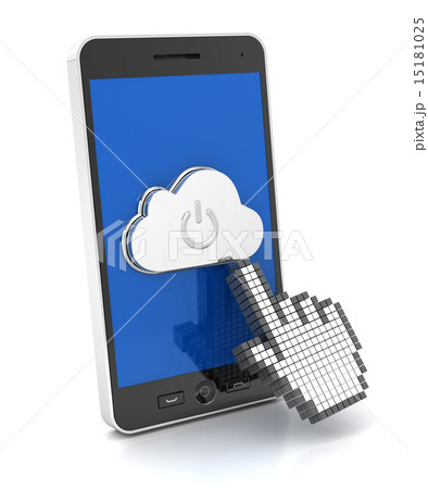 Hand cursor pressing cloud button on a smartphone 15181025