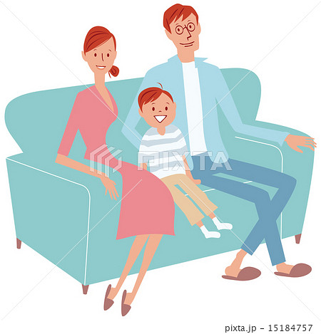ソファーに座る家族3人のイラスト素材
