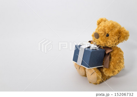 プレゼントを持つ子熊のぬいぐるみの写真素材