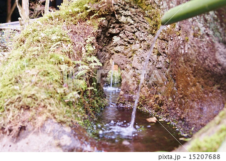 マイナー観光スポット・愛鷹山水神の両方からの竹樋の水の流れ・横位置 15207688