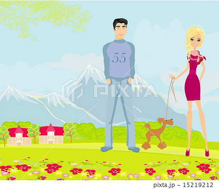 couple on a walk with the dog couple on a walk with the dog 15219212