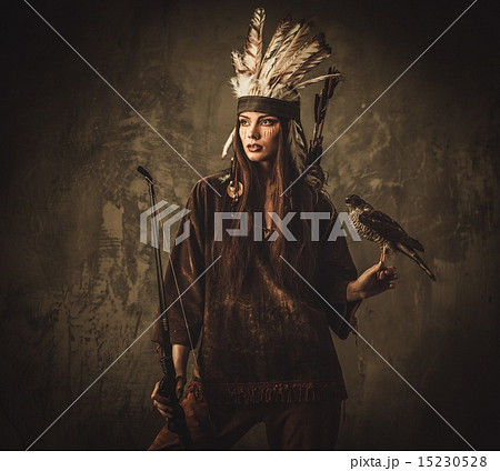 Indian woman hunter with bow and pet hawk Indian woman hunter with bow and pet hawk 15230528