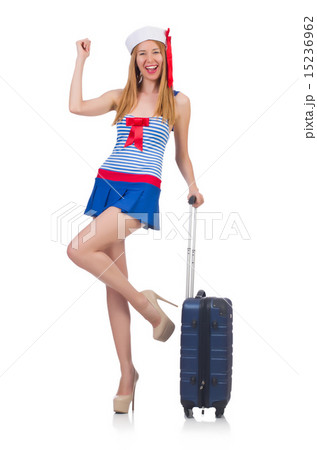 Woman travel attendant with suitcase on white 15236962