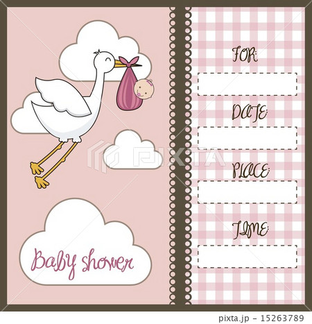 pink baby shower card with stork and baby vector illustration 15263789
