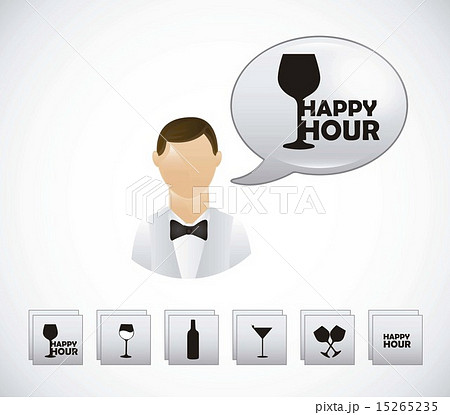waiter with happy hour symbols over gray background vector waiter with happy hour symbols over gray background vector 15265235