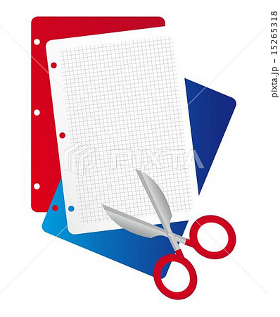 Red blue and withe paper with scissors isolated over white backg 15265318