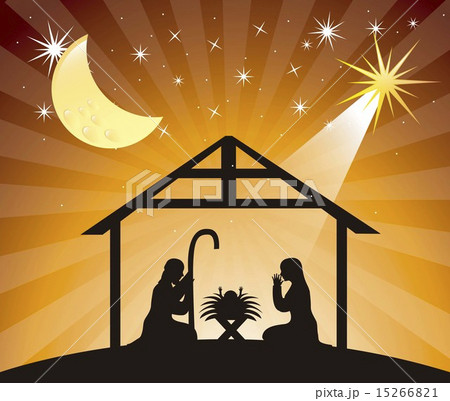black silhouettte nativity scene over evening vector illustratio 15266821