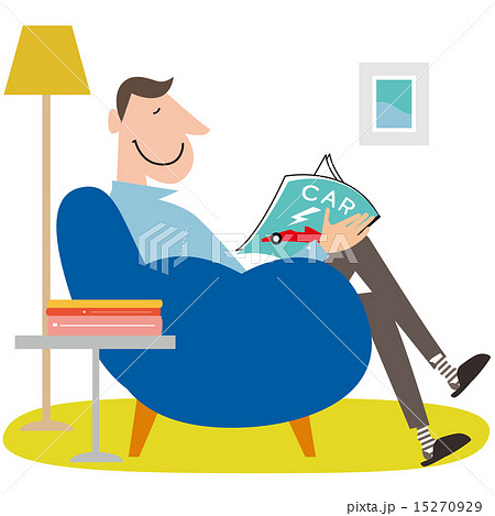 雑誌を読むソファーに座った男性のイラスト素材