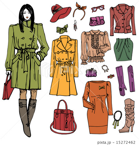 Fashion girl and street clothing set.Colored doodle Sketch 15272462