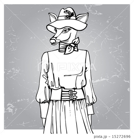 Hand drawn deer hipster girl in dress.Outline 15272696